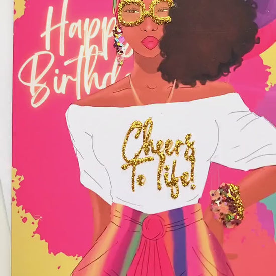 Cheers To Life!  - Woman Happy Birthday Greeting Card | Black Woman | Black Girl Greetings | Melanin | Jewelry | Natural Hair | Art