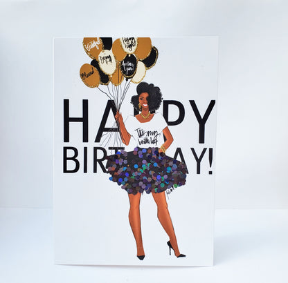 Happy Birthday Card - Girl in Black/Gold
