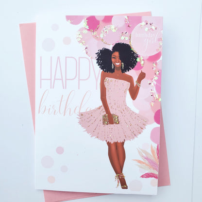Pink Balloons - Black Woman Birthday Card | Black Greeting Cards | Black Woman Art | African American Cards | Embellished | Handmade Cards